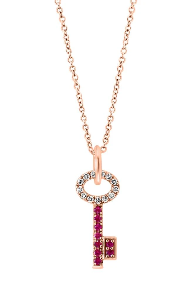 Effy 14K Rose Gold Ruby & Diamond Key Pendant Necklace - 0.10ct. 1