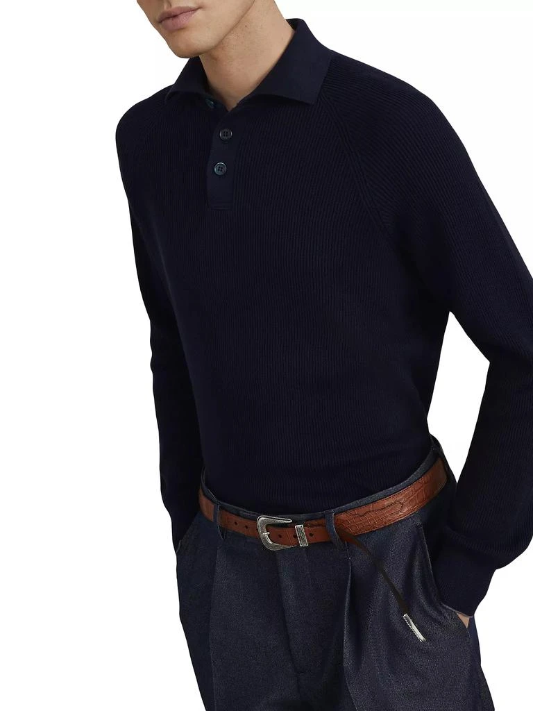 Brunello Cucinelli Cotton English Rib Knit Polo with Long Raglan Sleeves 5