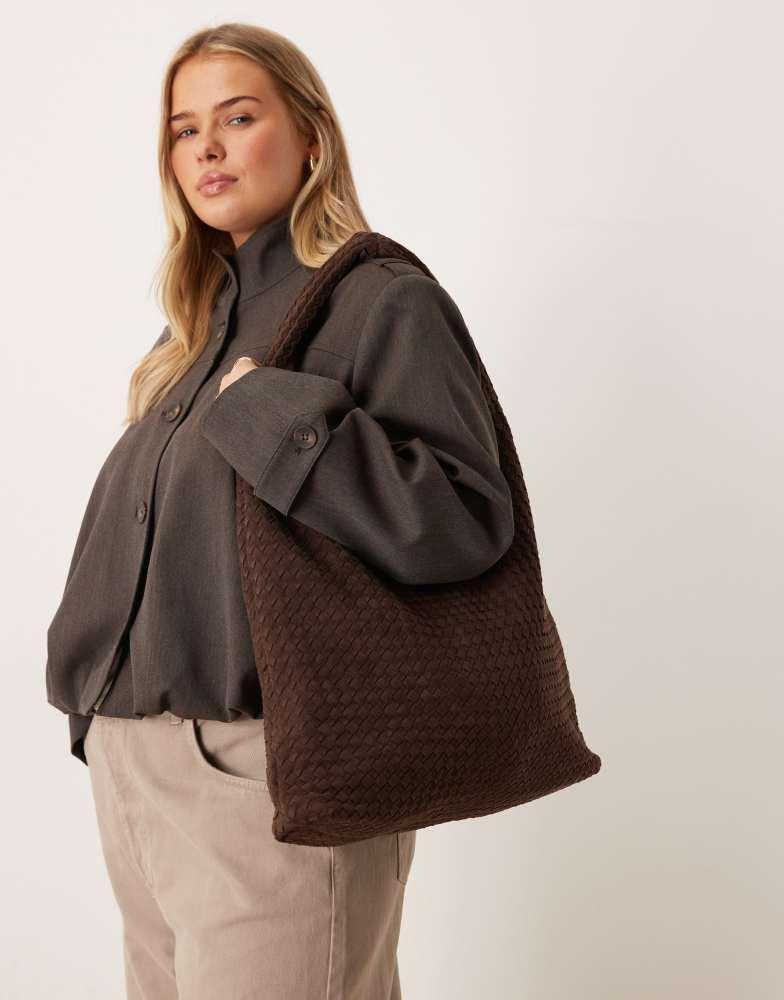 GINA TRICOT Gina Tricot large slouchy faux suede braided weave shoulder bag in dark brown