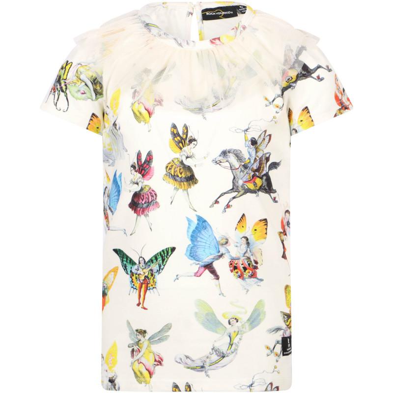 Rock Your Baby Ruffled tulle collar fairies print t shirt in off white