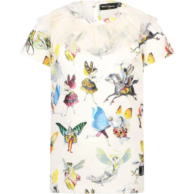 Rock Your Baby Ruffled tulle collar fairies print t shirt in off white 1