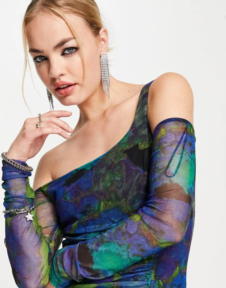 Topshop Topshop long sleeve mesh ruched blurred floral mini dress in blue 3