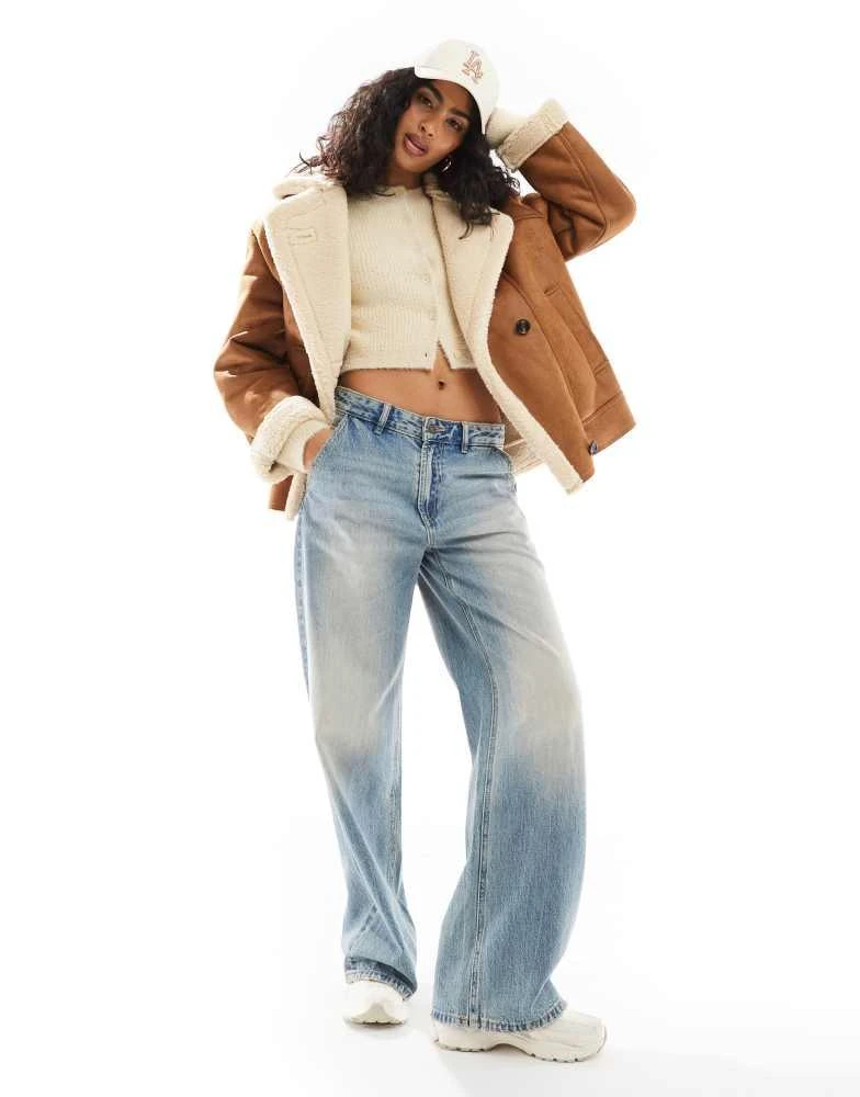 Bershka Bershka oversized contrast shearling jacket in brown 4