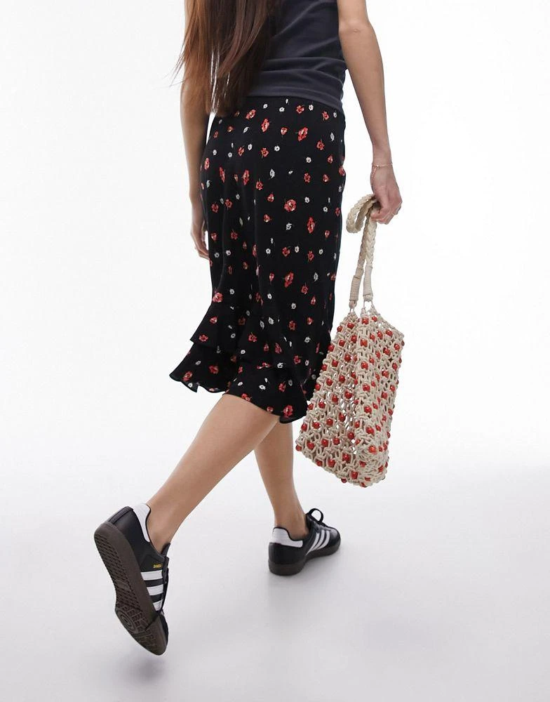 Topshop Topshop double ruffle knee length skirt in red and black floral 4