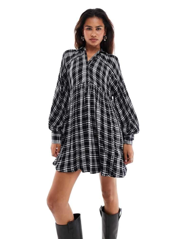 Free People Free People check print mini slouchy shirt dress in black 1