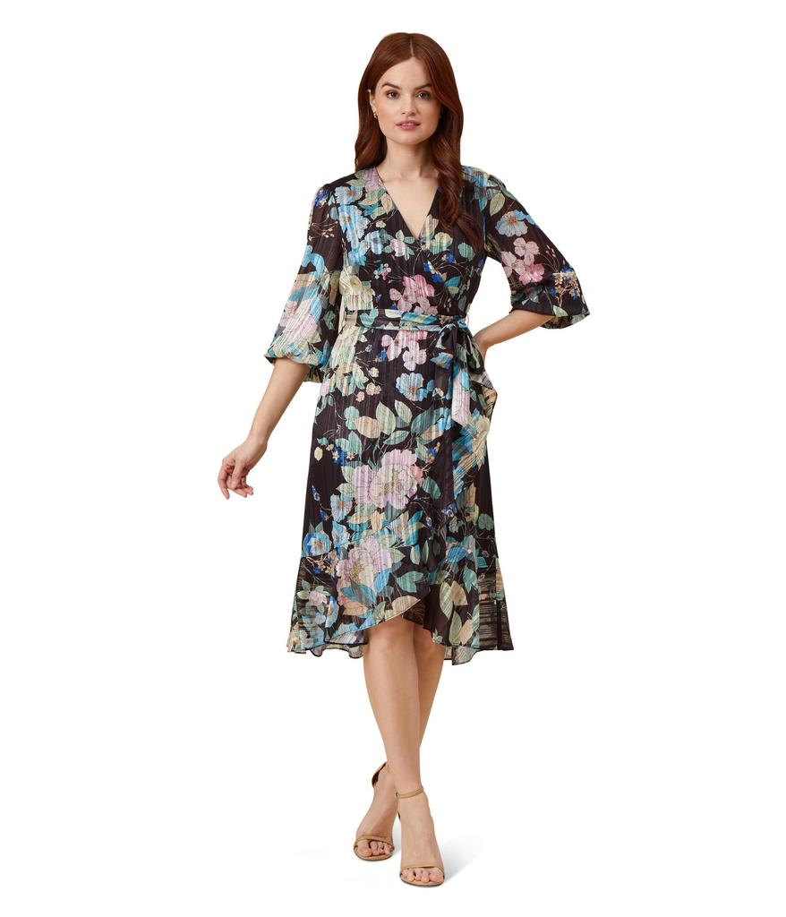 Adrianna Papell Printed Floral Chiffon Wrap Dress with Ruffle Hem