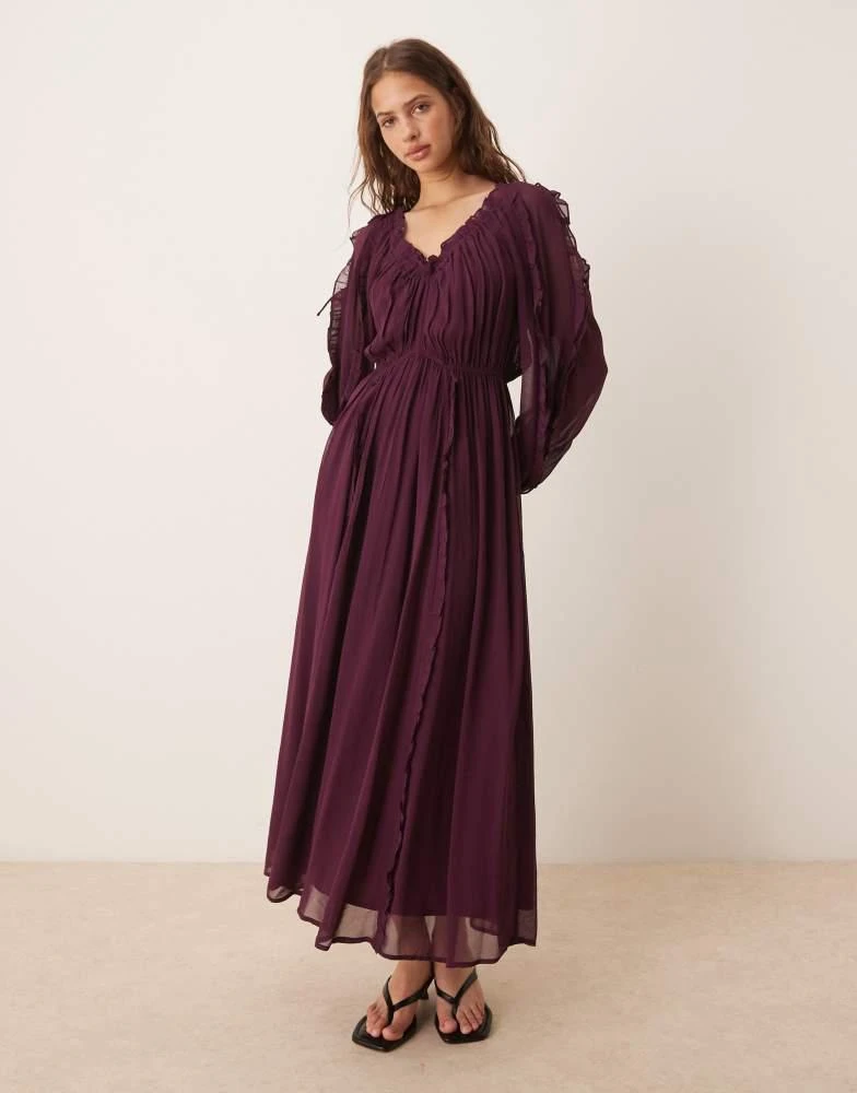 ASOS ASOS DESIGN ruffle v neck maxi dress with tie front in grape 1