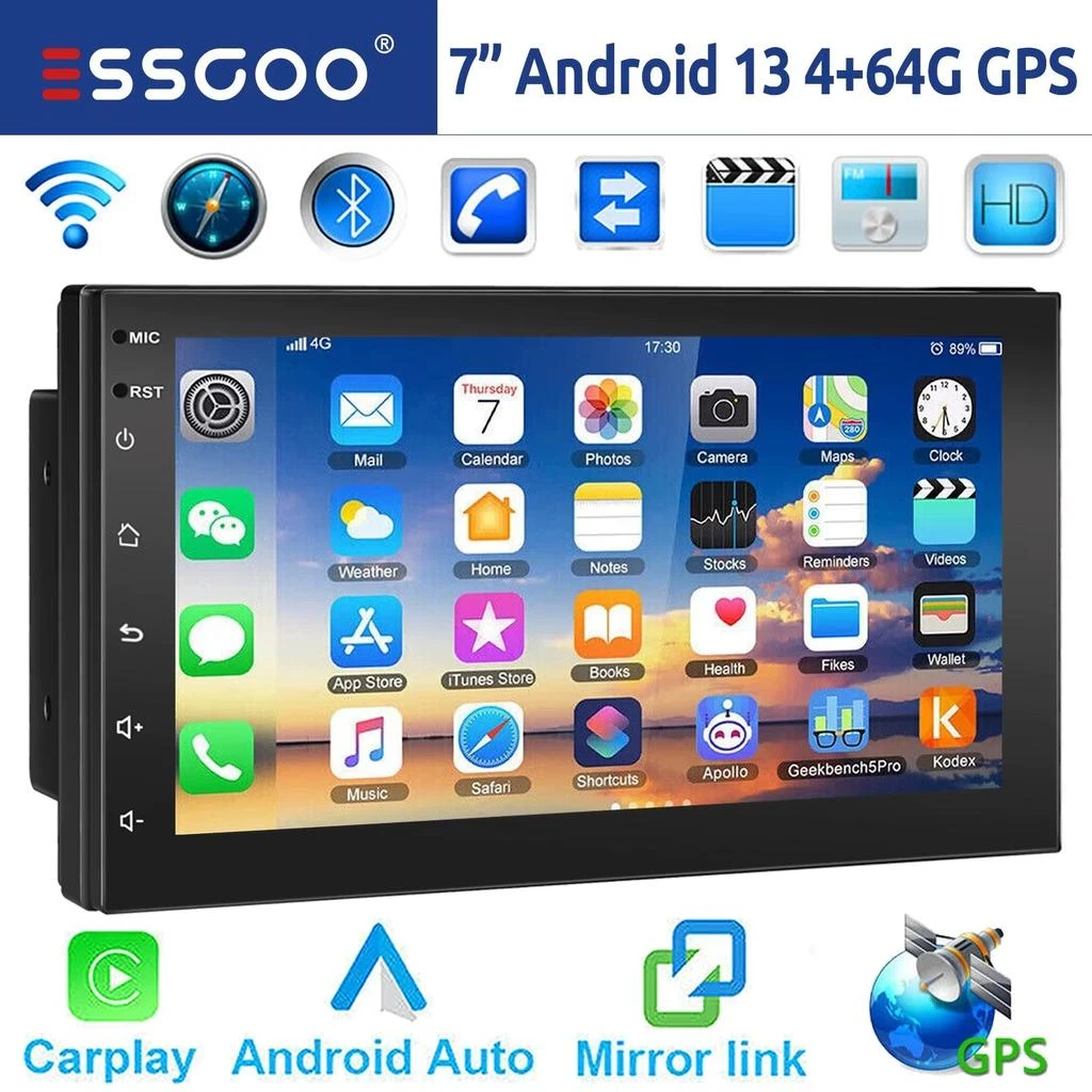 ESSGOO 9" 2 DIN Android 14 Car Stereo with 4GB RAM and 64GB Storage, CarPlay, Android Auto, GPS Navigation, Bluetooth, FM RDS Radio, Wi-Fi, and Touchscreen Integration 2