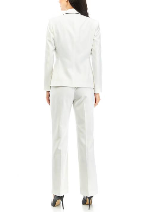 Le Suit Suit Womens Two Button Jacket With Contrast Piping And Kate Pant Set