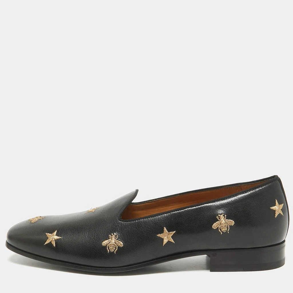 Shop Gucci Black Leather Embroidered Bee and Star Slip On  display picture 1