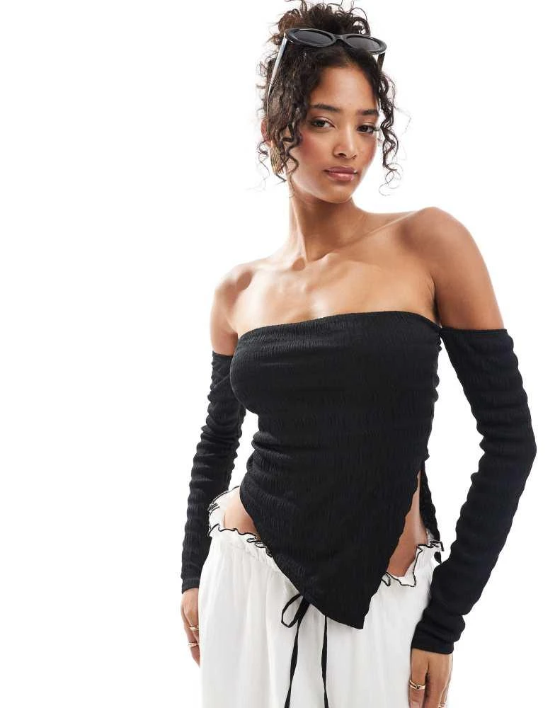 ASOS ASOS DESIGN textured bardot top with asymmetric hem in black 1
