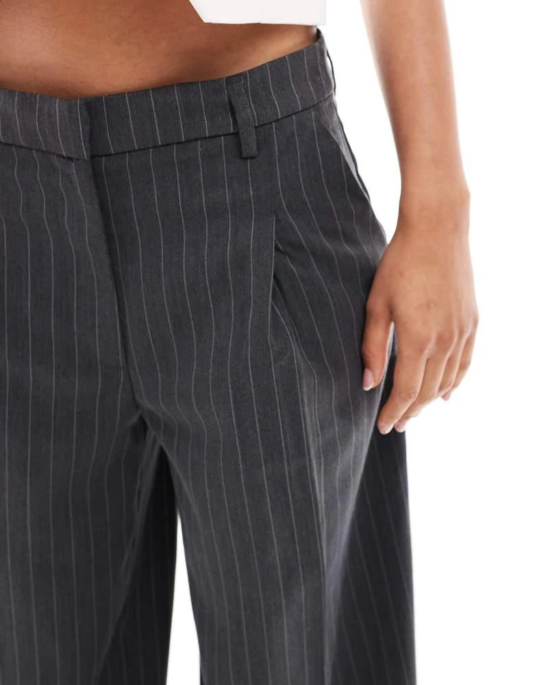 Monki Monki high waist wide leg tailored trousers in grey stripe 5