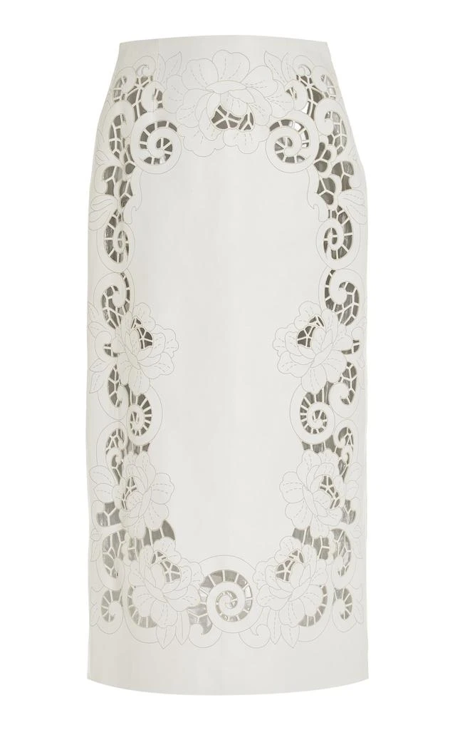 Oscar de la Renta Laser-Cut Leather Pencil Midi Skirt White