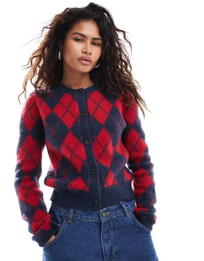 COLLUSION COLLUSION Argyle cardigan in red & blue 1