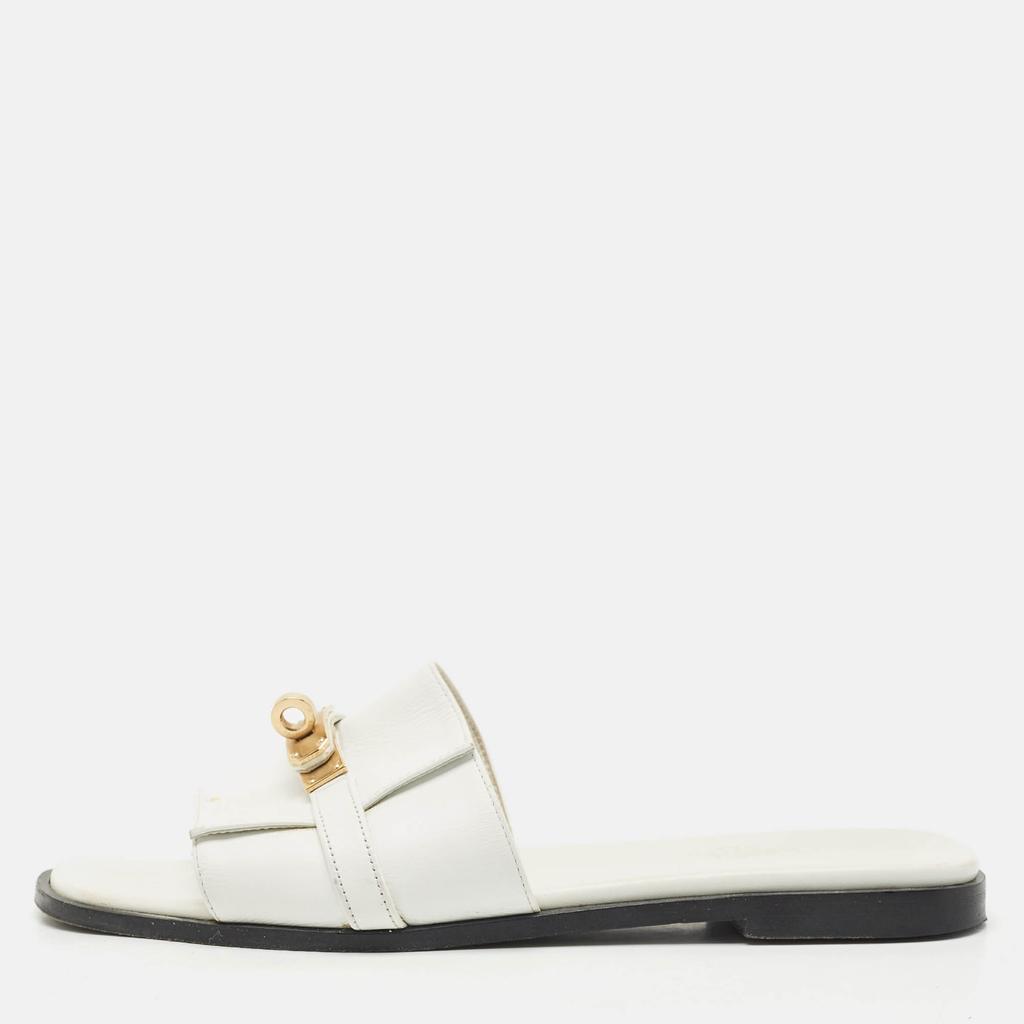 HERMES ジュリア38.5 Hermes Hermès White Leather Giulia Flat Sandals Size 38.5 - Shoes