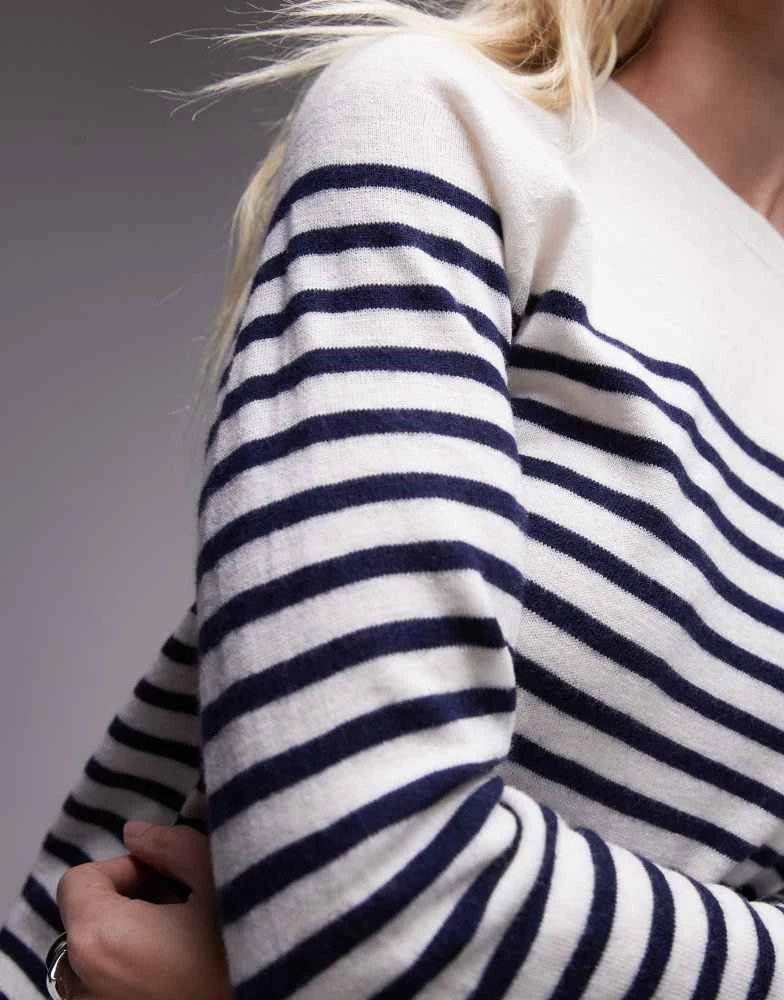 Mango Mango fine knit wool stripe jumper in navy and white 3