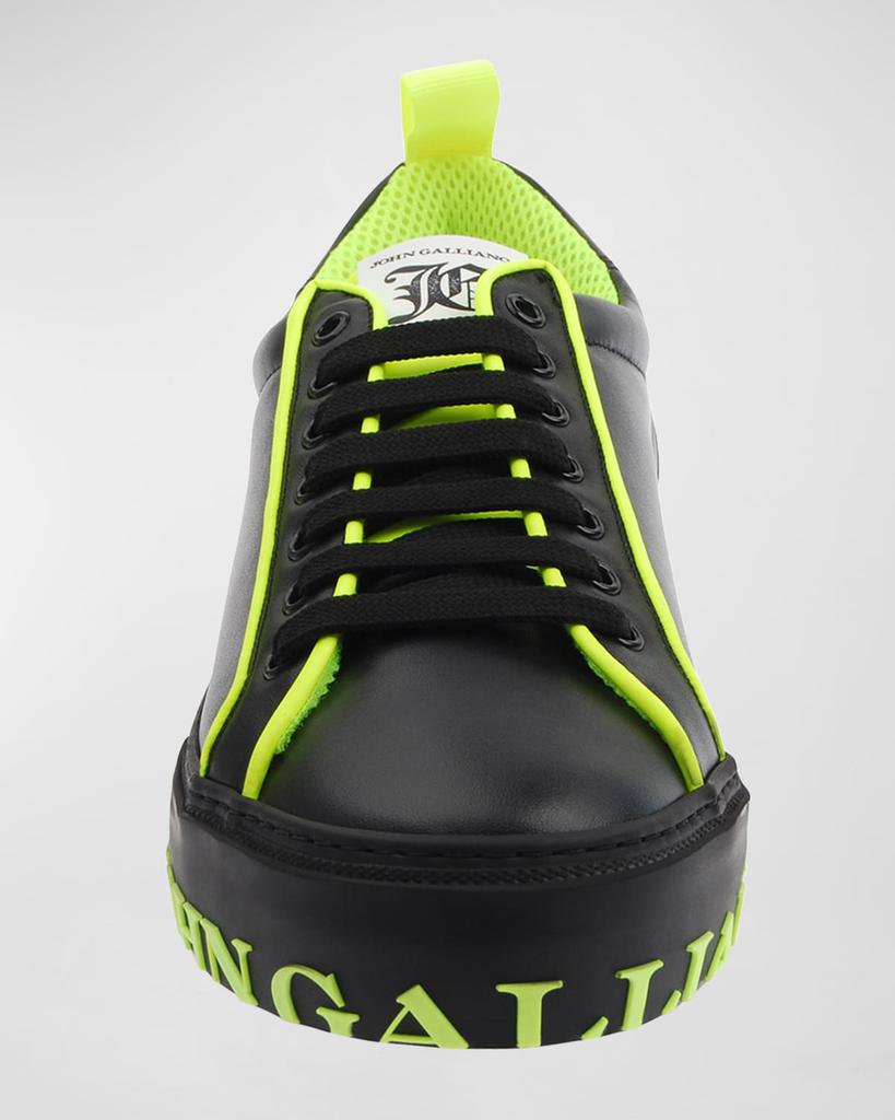 John Galliano Paris Men's Neon Logo Leather Low-Top Sneakers, Black