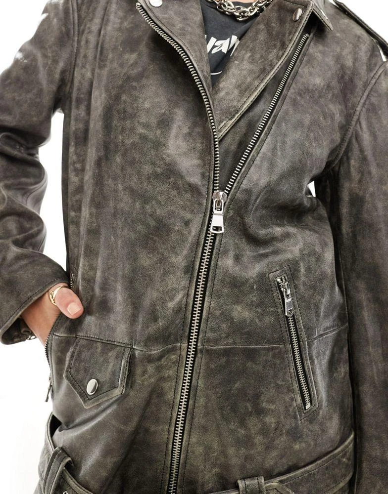 ASOS ASOS DESIGN washed distressed leather biker jacket  in black 4