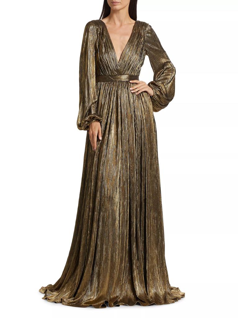 Badgley Mischka Metallic Pleated Georgette Long-Sleeve Gown