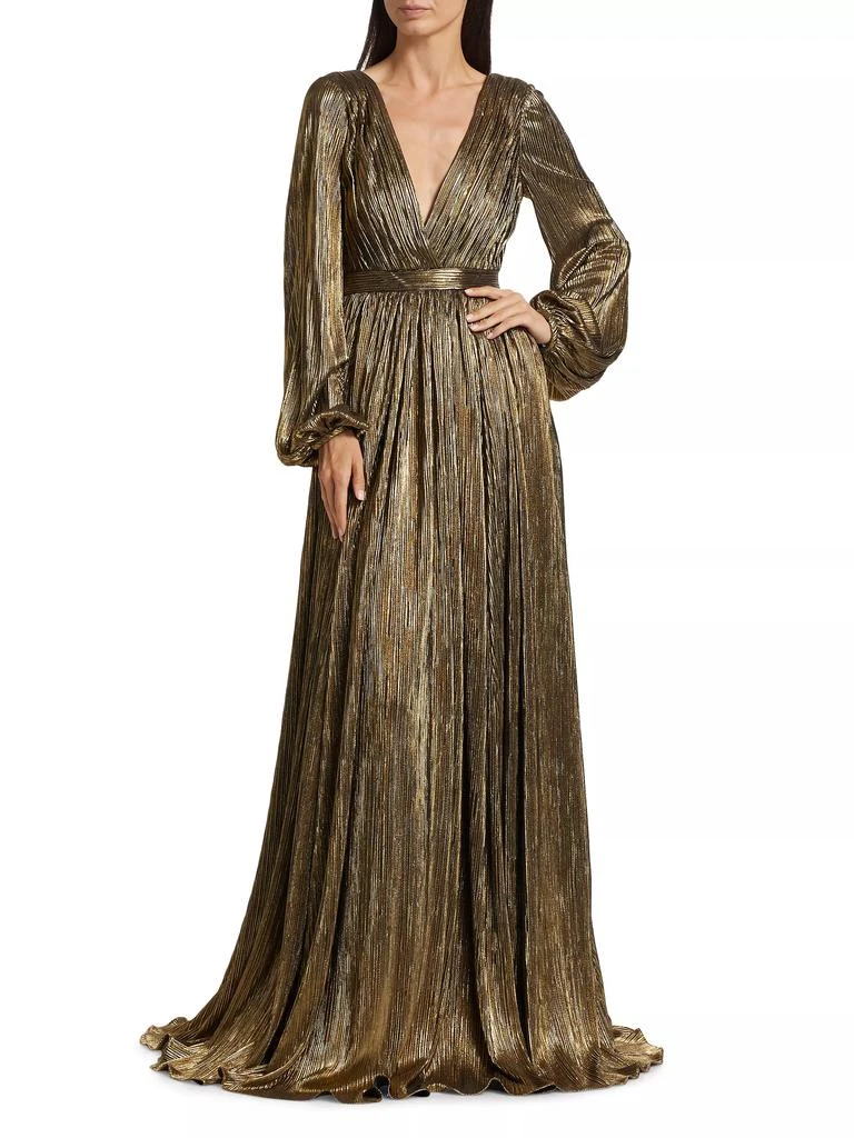 Badgley Mischka Metallic Pleated Georgette Long-Sleeve Gown 2