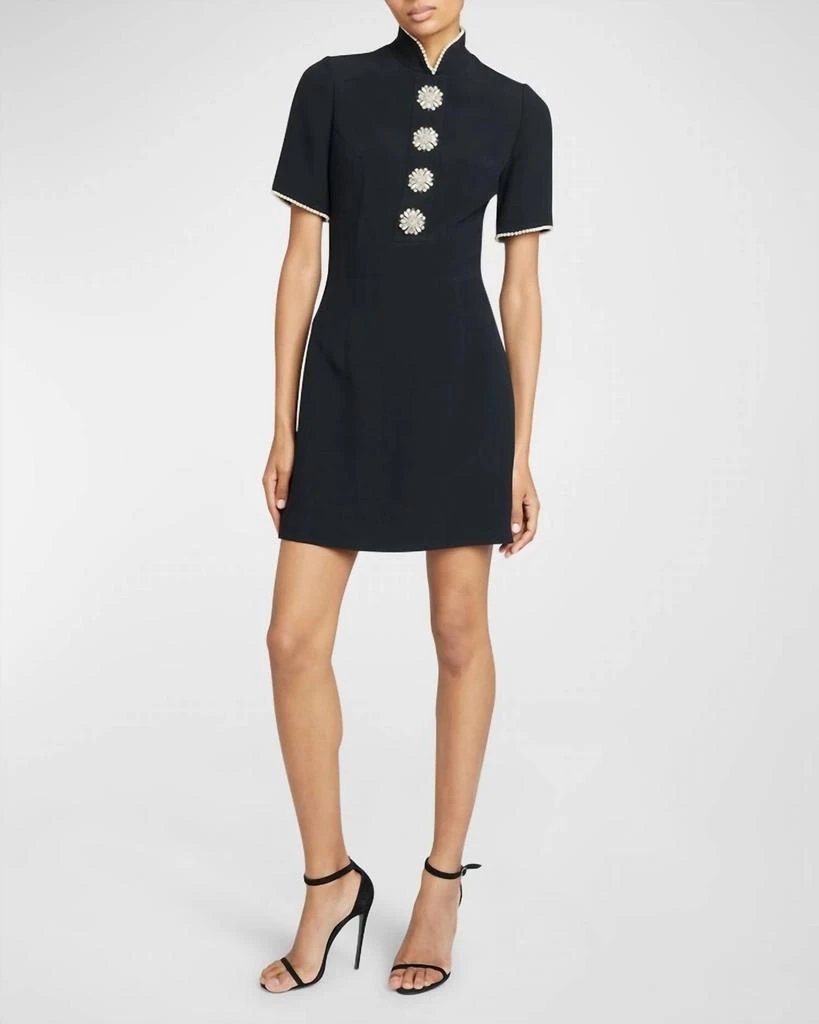 Andrew Gn Woven Short Sleeve Dress With Pearl Trim In Black 2