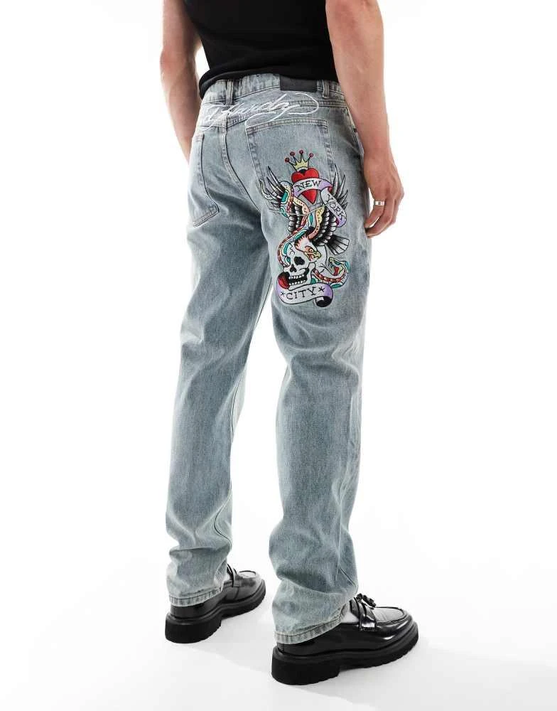 Ed Hardy Ed Hardy straight leg NYC denim embroidered jeans in bleach 1