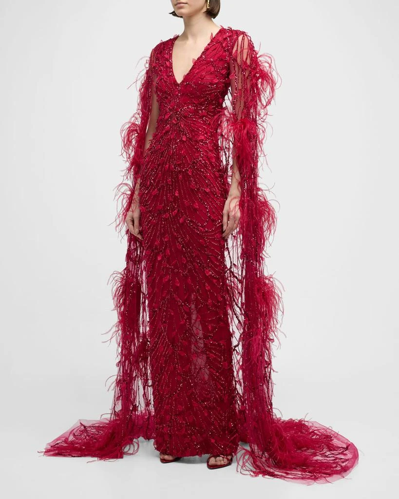 Pamella Roland Raspberry Sequined Feather-Trim Cape Column Gown 3