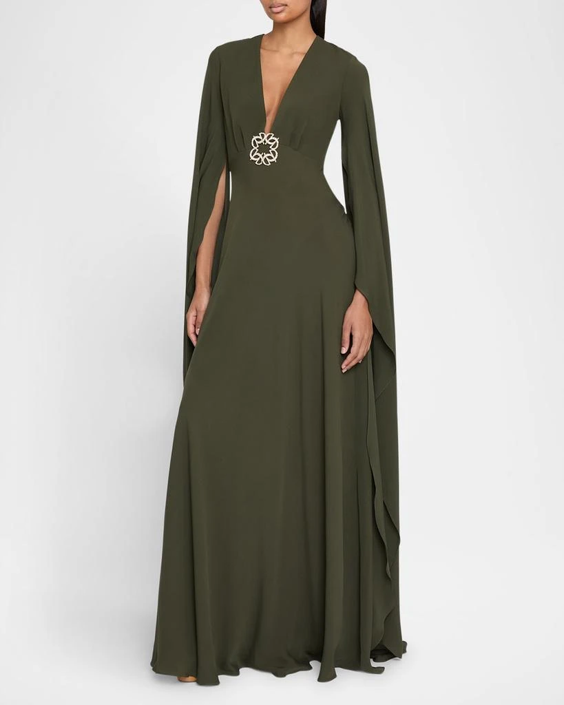 Elie Saab Plunging Crystal Cape-Sleeve Silk Gown 4