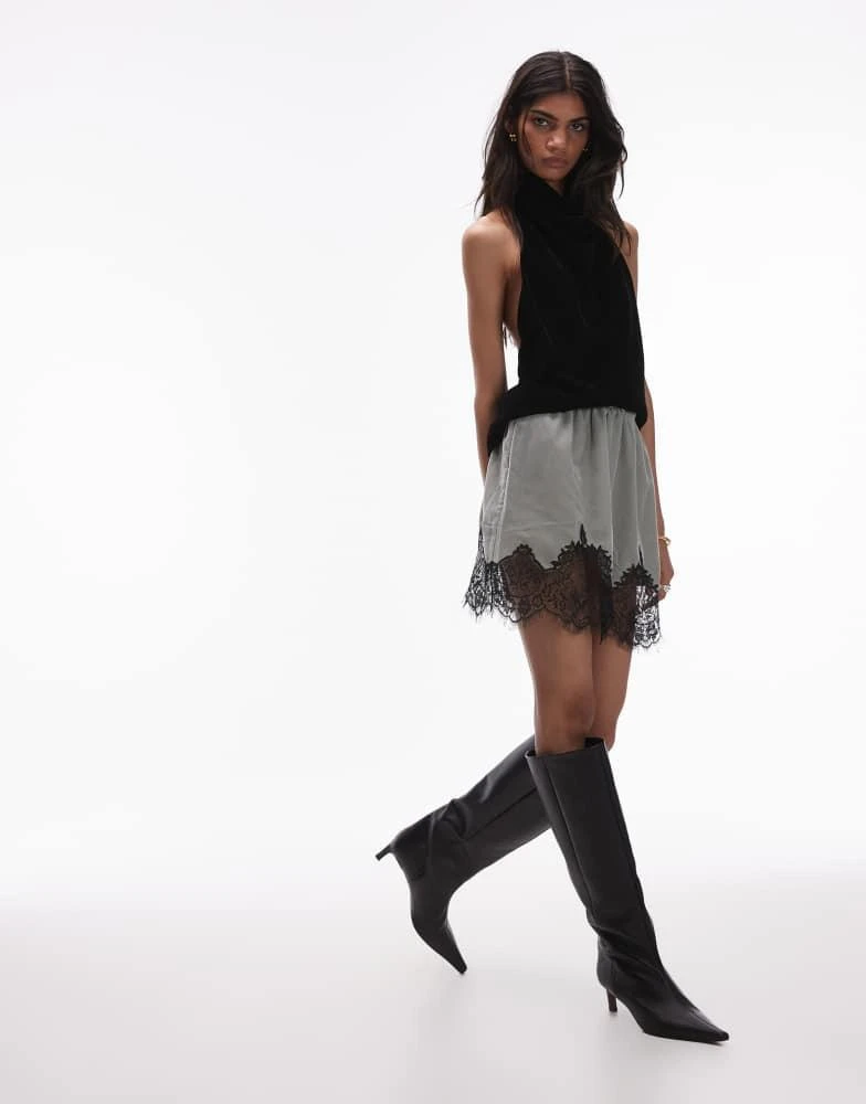 Topshop Topshop velvet mini skirt in silver sage with black lace trim 1