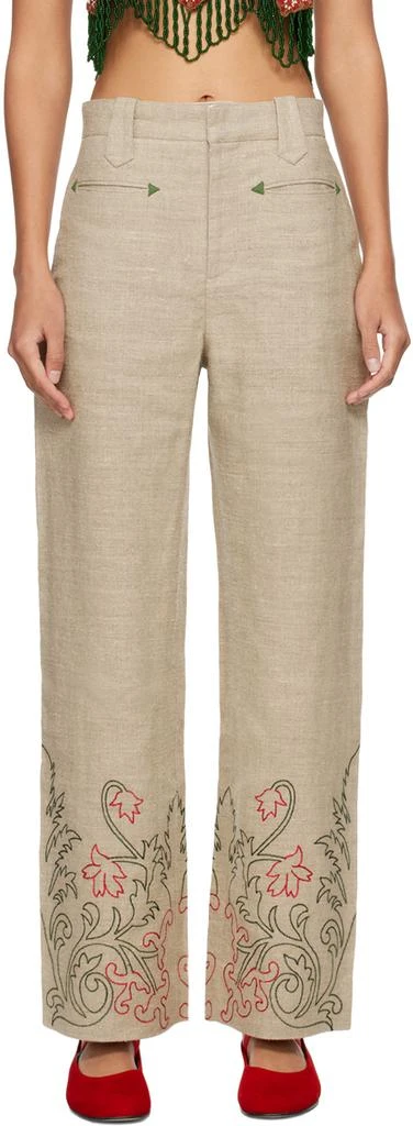 Bode Beige Embroidered Trumpetflower Murphy Trousers 1