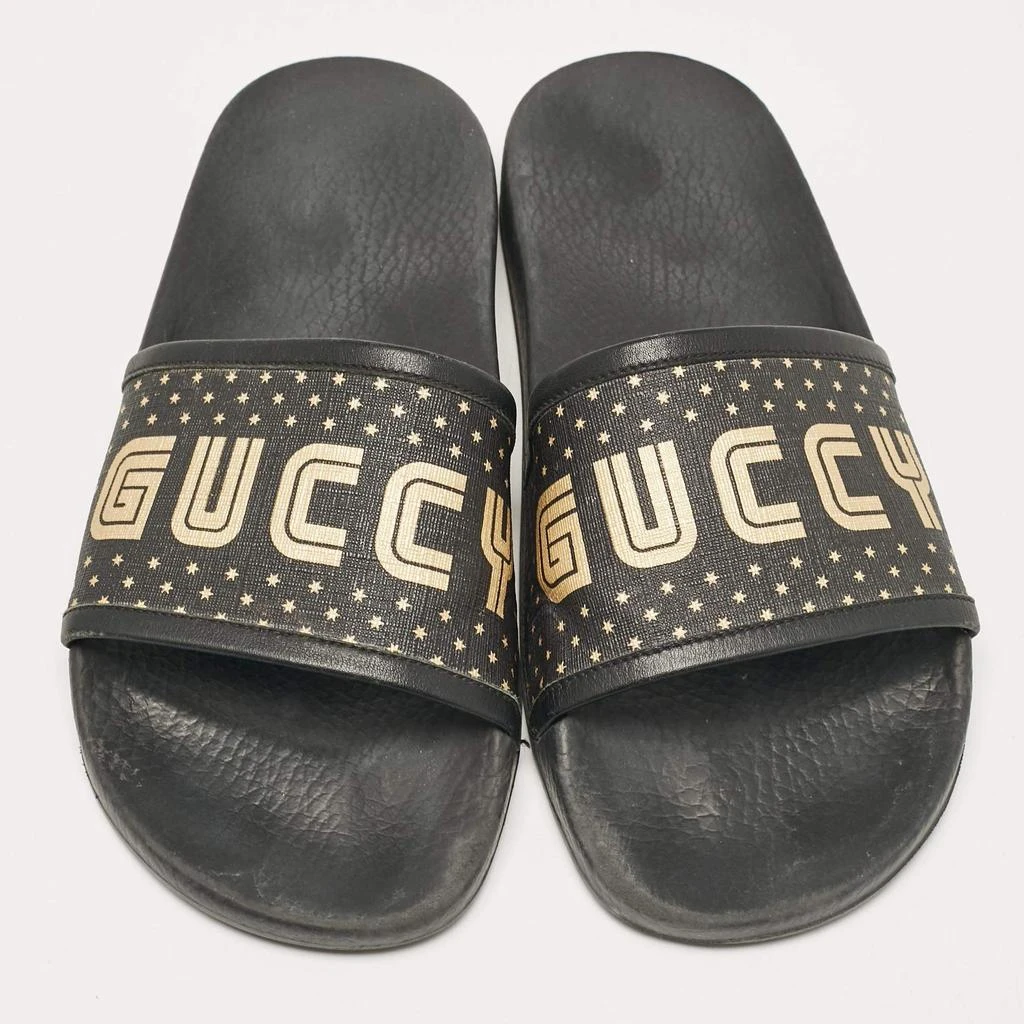 Gucci Gucci Black/Gold Coated Canvas and Leather Star Guccy Slides Size 38 3