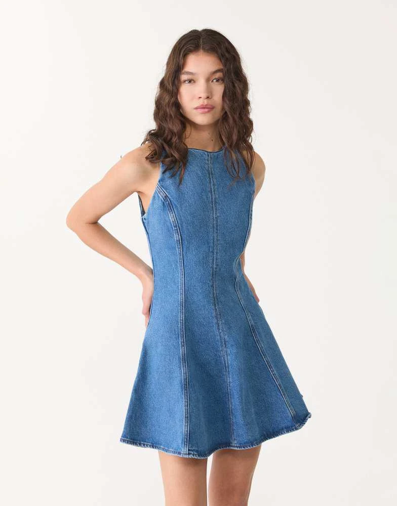 Stradivarius Stradivarius denim mini dress in mid blue 2