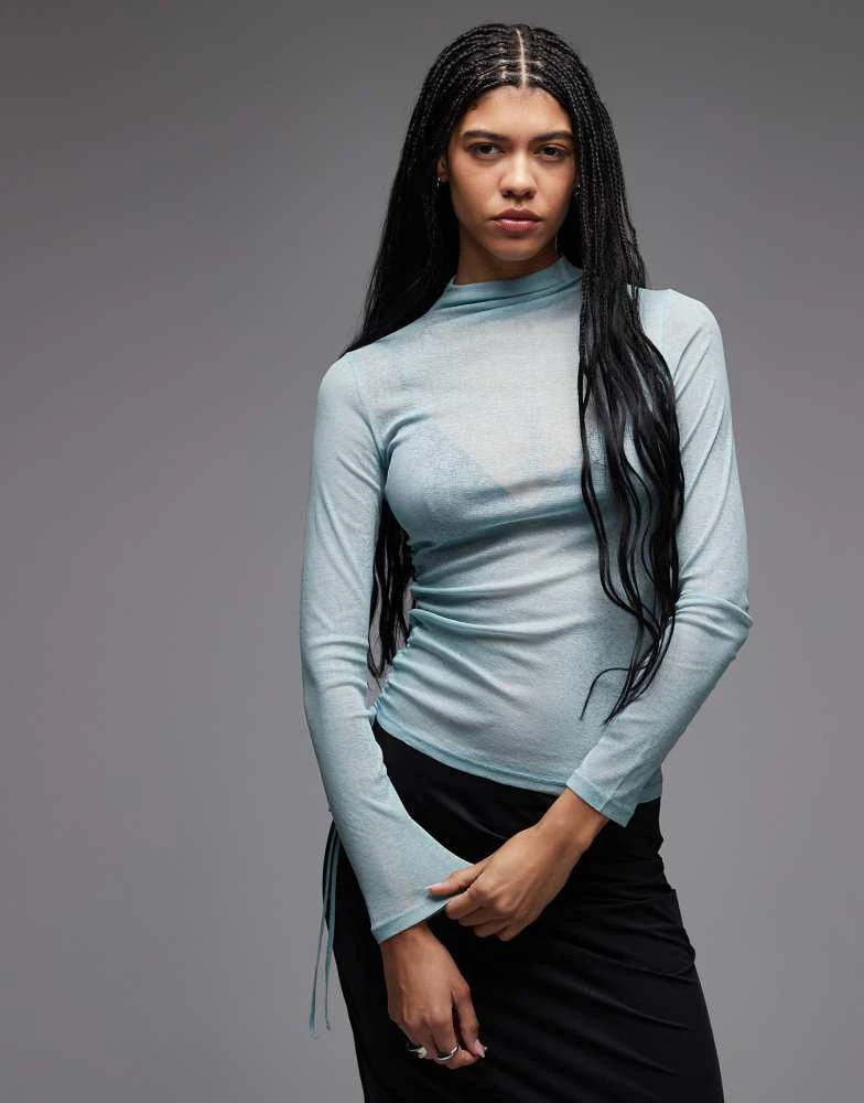 ASOS ASOS DSIGN high neck semi sheer ruched long sleeve top in light grey