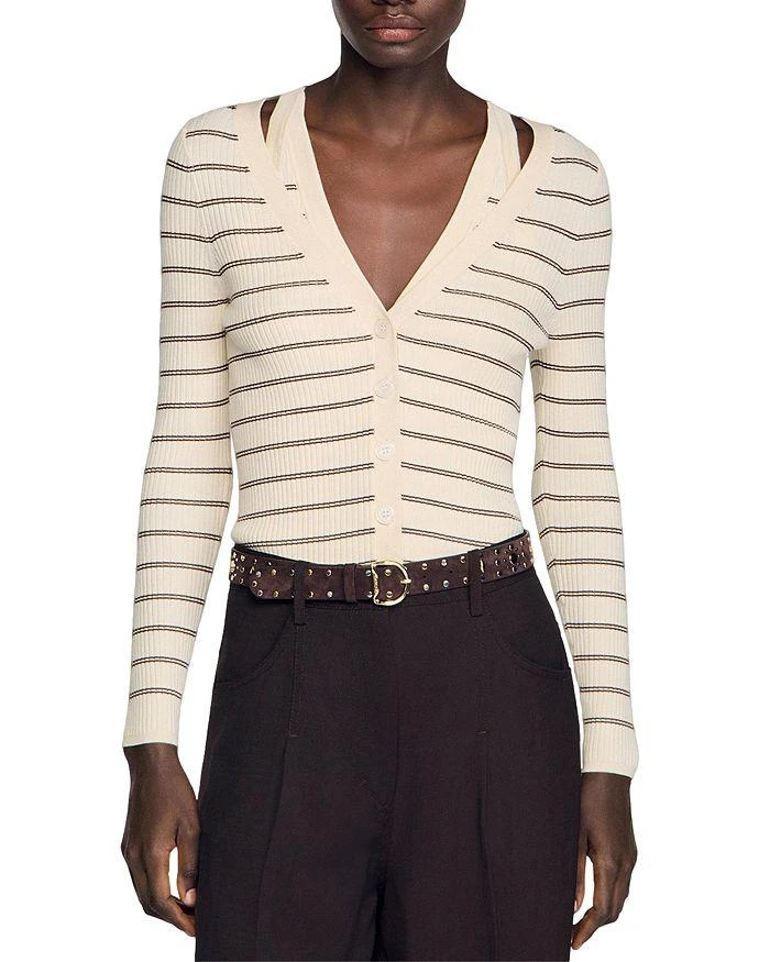 Sandro Gabri Stripe Rib Knit Cardigan Sweater