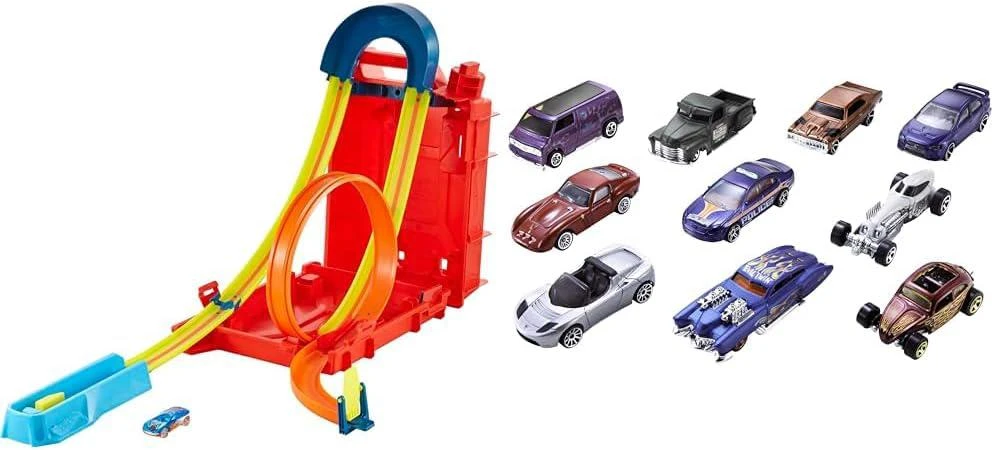Shop Hot Wheels Track Builder Unlimited Playset Fuel Can Stunt Box, 14  Component Parts & 1:64 Scale Toy Car | Hot Wheels Set of 10 1:64 Scale Toy  Trucks and Cars on