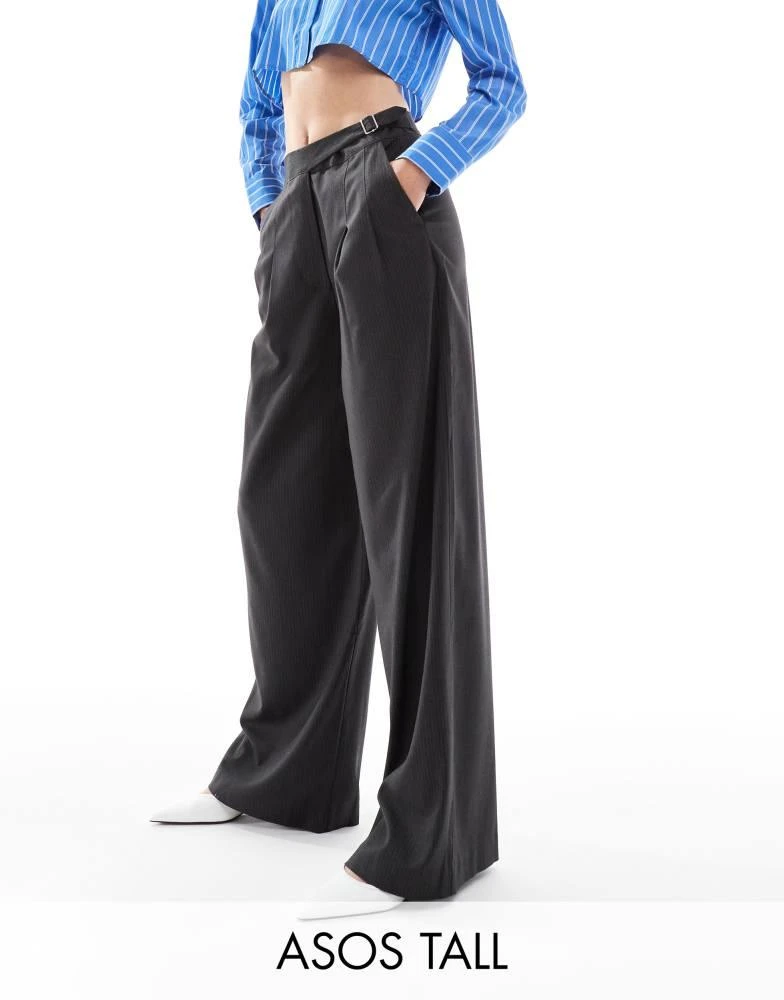 ASOS ASOS DESIGN Tall tailored wide leg trouser with asymmetric buckle detail in grey stripe 1