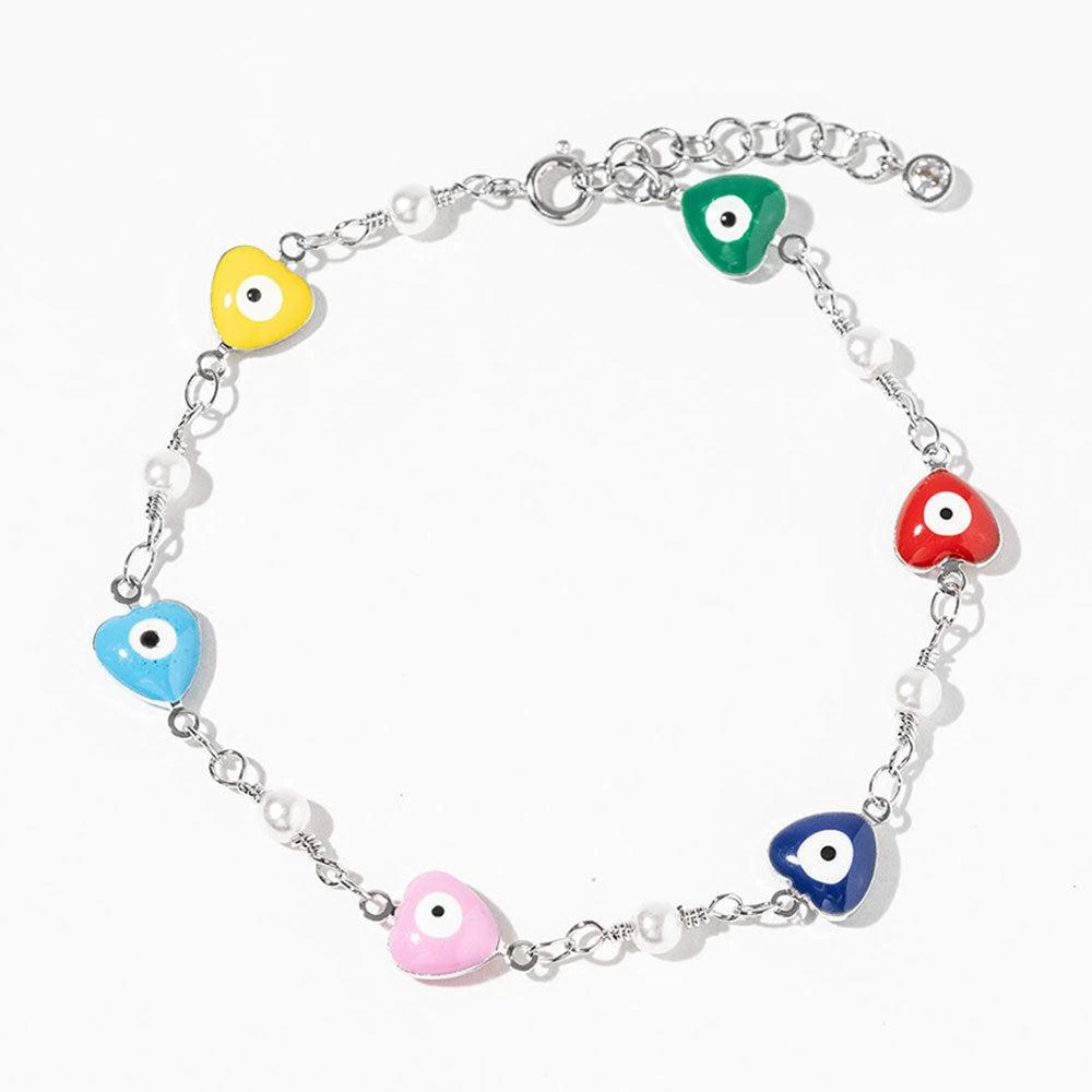 FASHNZFAB White Gold Dipped Heart Evil Eye Pearl Charm Link Bracelet