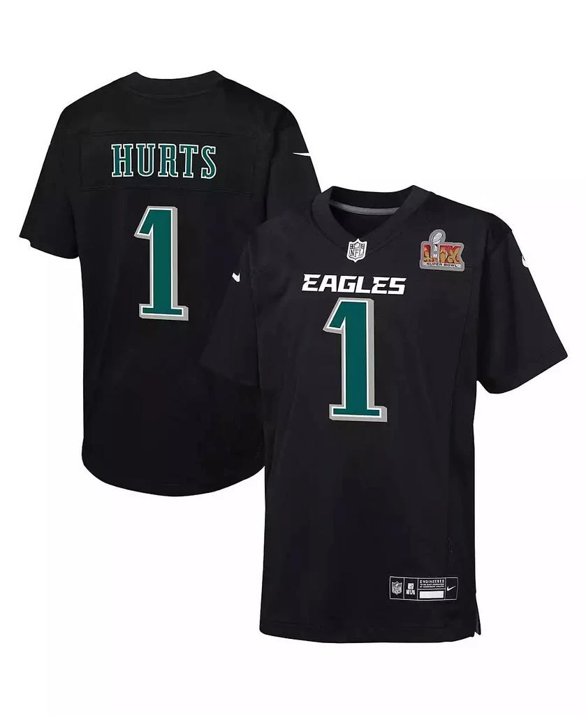 NIKE Big Boys and Girls Jalen Hurts Carbon Black Philadelphia Eagles Super Bowl LIX Patch Fashion Game Player Jersey 1