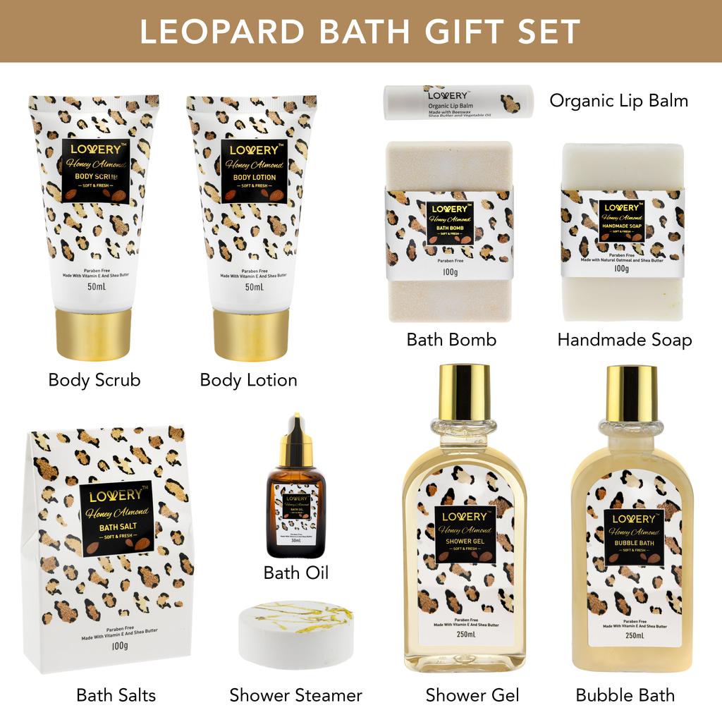 Lovery Home Spa Kit in Honey Almond Scent - Leopard Luxury Gift Basket - 21 pcs