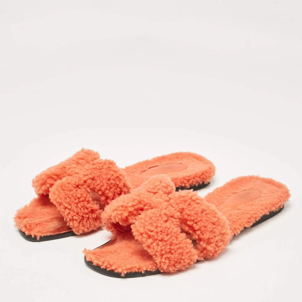 Hermes Hermes Orange Shearling Fur Oran Flat Slides Size 37 3