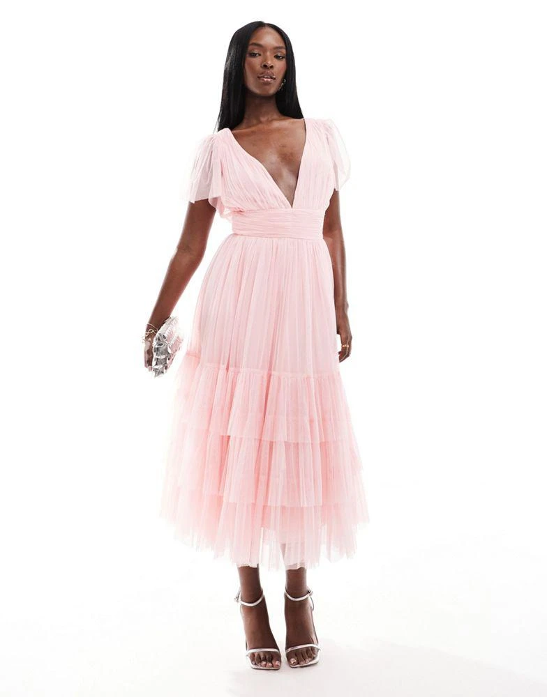 Lace & Beads Lace & Beads Bridesmaid Madison v neck tulle midi dress in soft pink 1