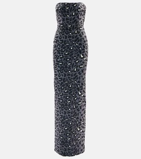 Shop Leopard-print strapless velvet gown on Sale at BeyondStyle