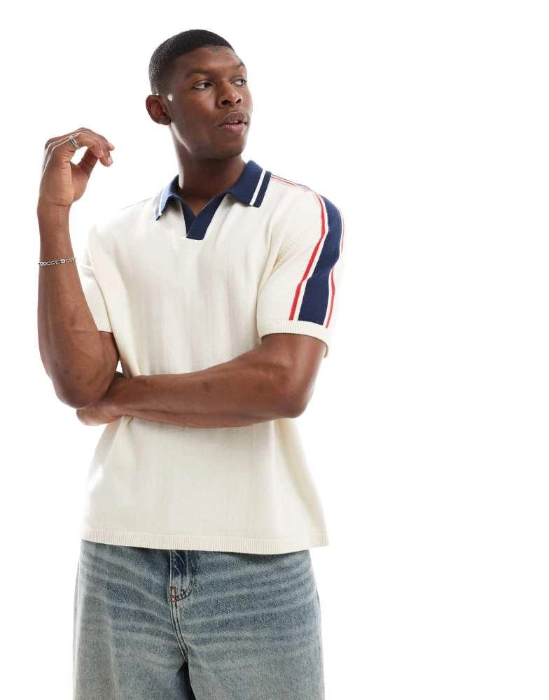 HOLLISTER Hollister knitted contrast collar preppy polo top in cream 1