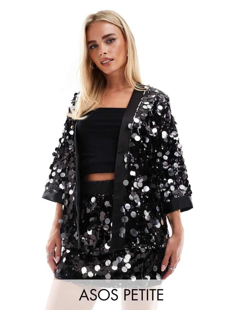 ASOS ASOS DESIGN Petite disco sequin kimono in black 1