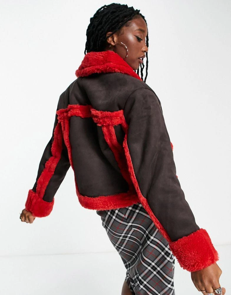 Weekday Weekday Enzo suedette bonded shearling jacket in brown with red contrasts 2