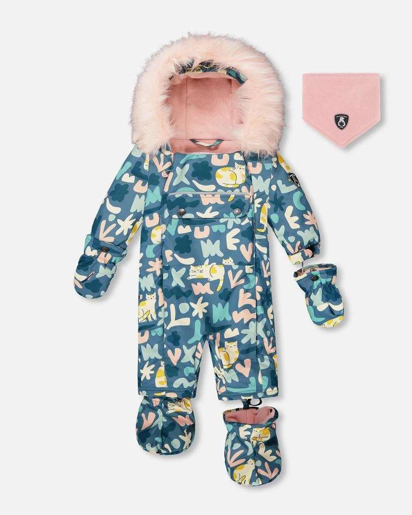 Deux par Deux One-Piece Baby Play Snowsuit Designed for Car Seat Green Cat Print