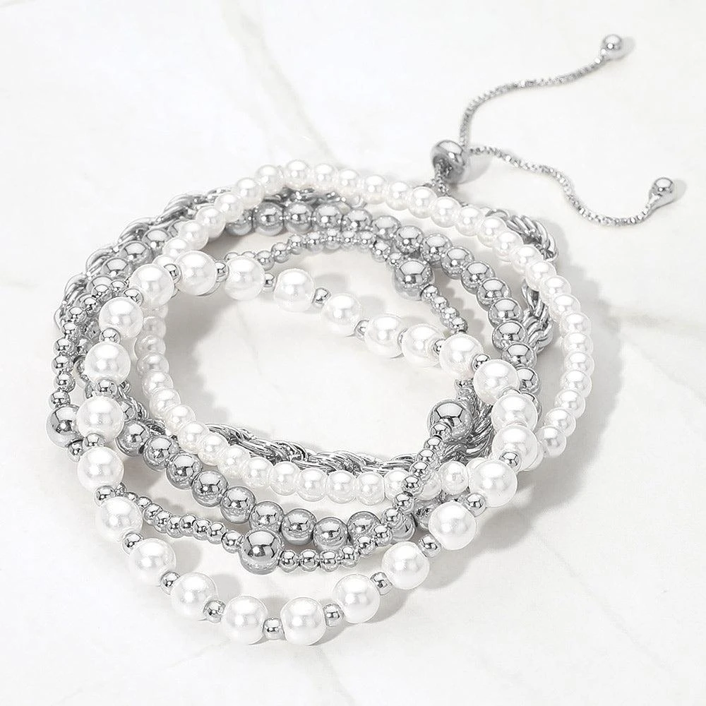 FASHNZFAB 5PCS - Pearl Metal Beaded Twisted Chain Adjustable Stretch Multi Layered Bracelets