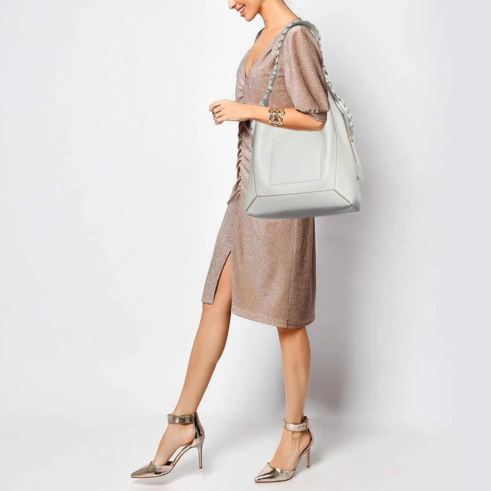 Stella McCartney Stella McCartney Light Grey Faux Leather Medium Braided Handle Hobo 2