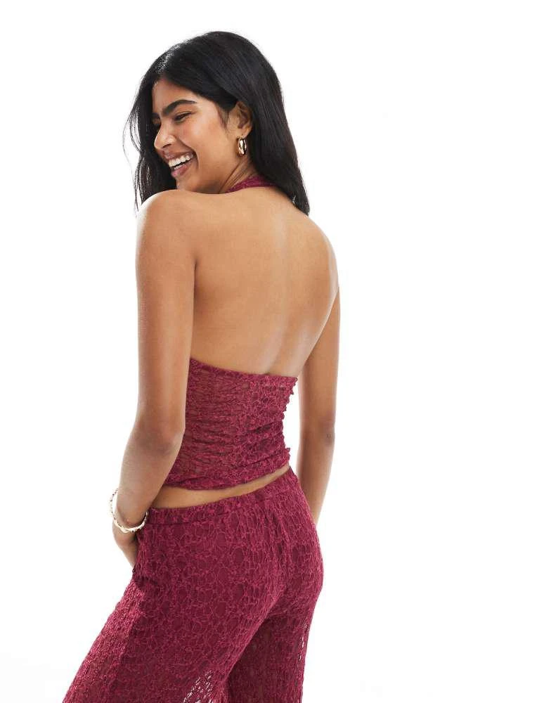 Pull&Bear Pull&Bear lace halterneck top co-ord in burgundy 3