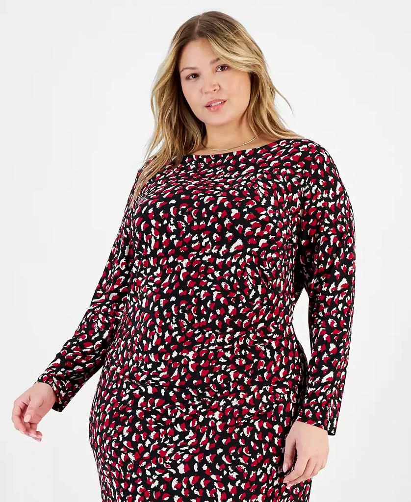 Kasper Plus Size Printed Boat-Neck Long-Sleeve Dress 4
